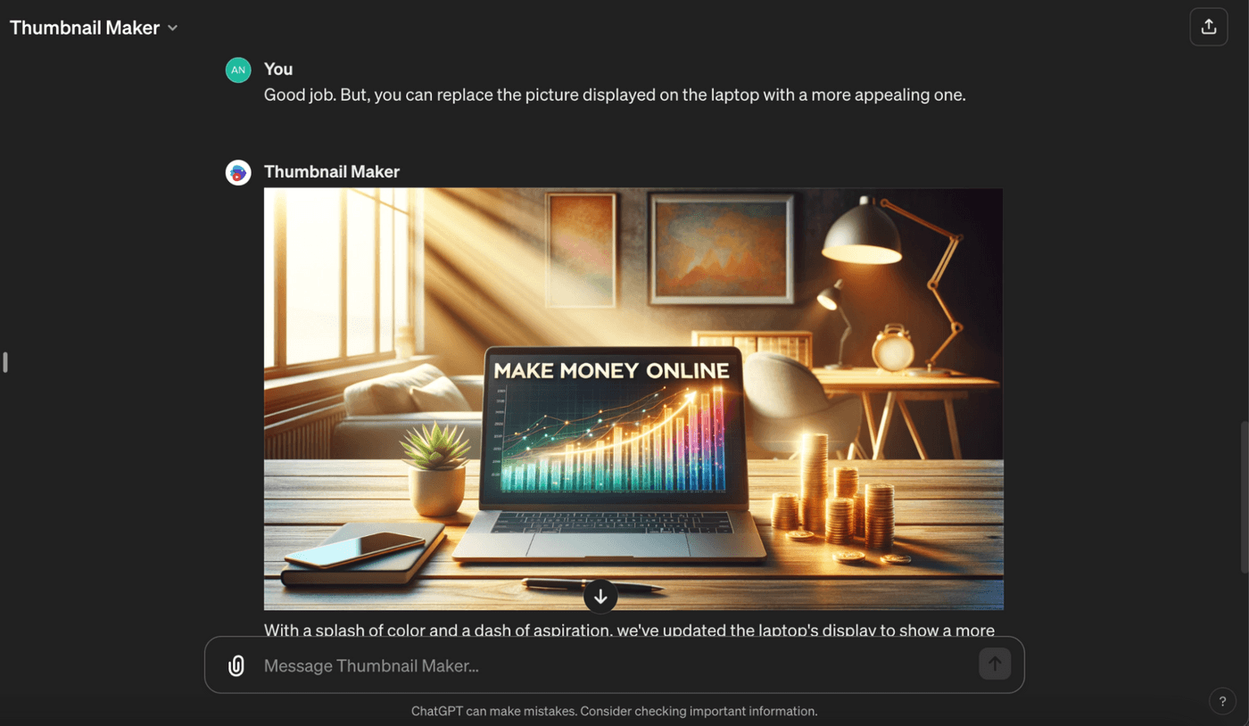 Updated thumbnail shows 'Make Money Online' text, colorful graph on laptop, cozy desk, and coins.