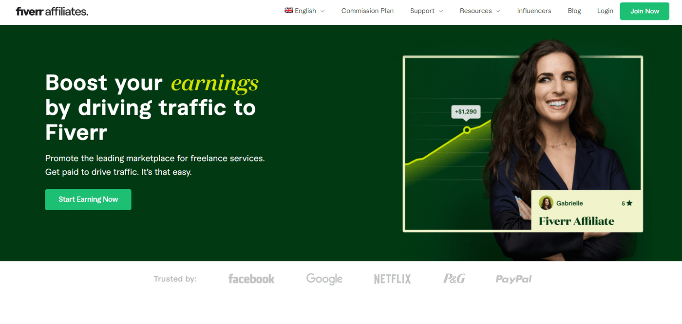 Fiverr Affiliates program page promoting earnings through driving traffic to the freelance services marketplace.