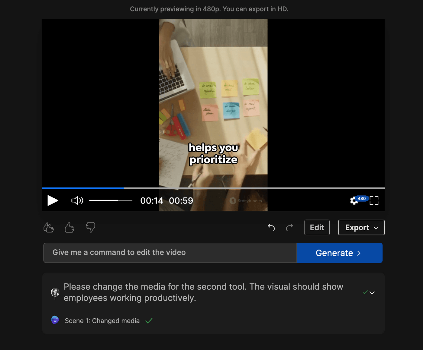 Invideo AI tool shows a video preview with sticky notes, editing controls, and command input.