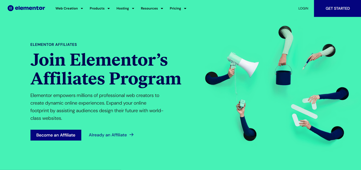 Elementor Affiliates program page inviting users to join and promote website creation tools for online success.