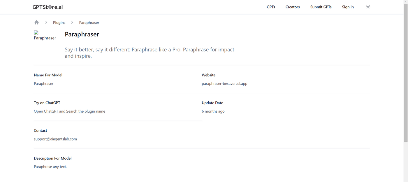 Paraphraser plugin for ChatGPT, providing enhanced text rephrasing and improvement.