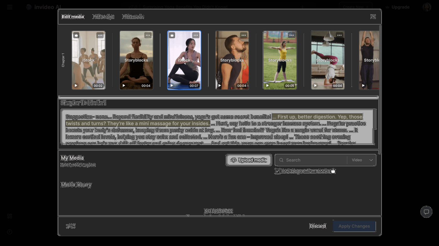 Edit yoga video scenes or script; highlights benefits like digestion and stress relief.