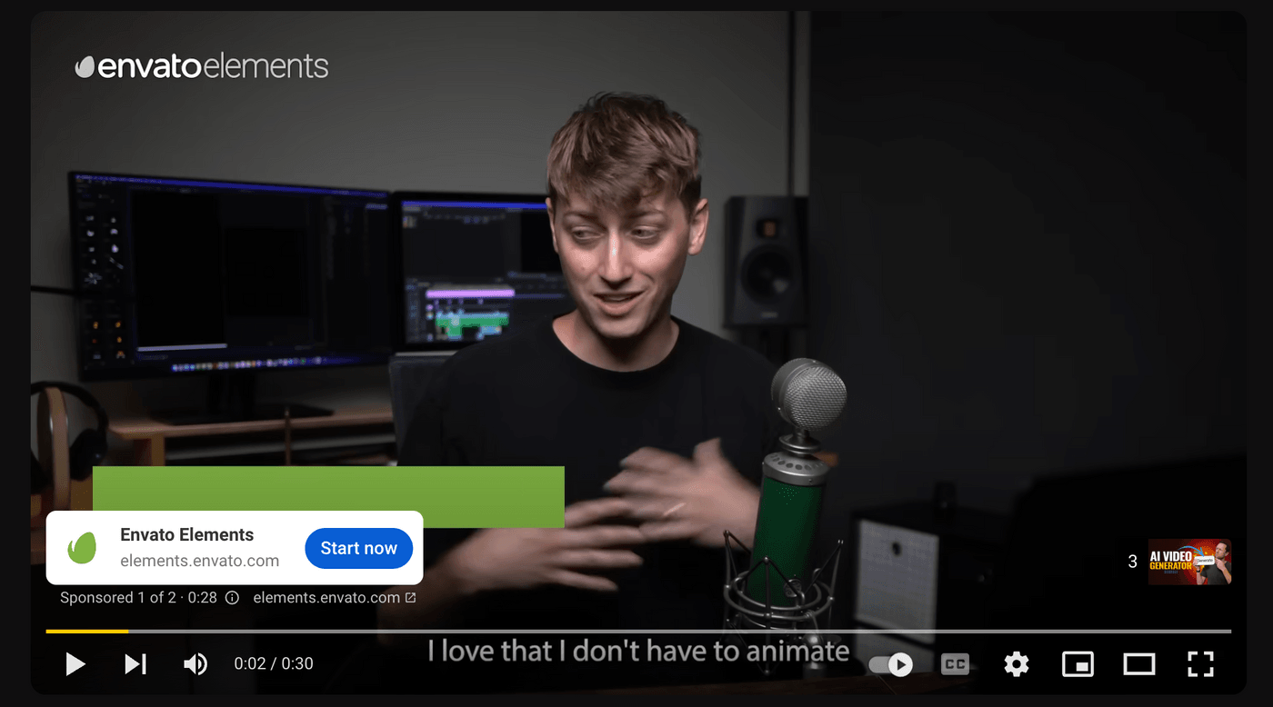 Man speaks into microphone in video ad for Envato Elements, with editing software visible behind.