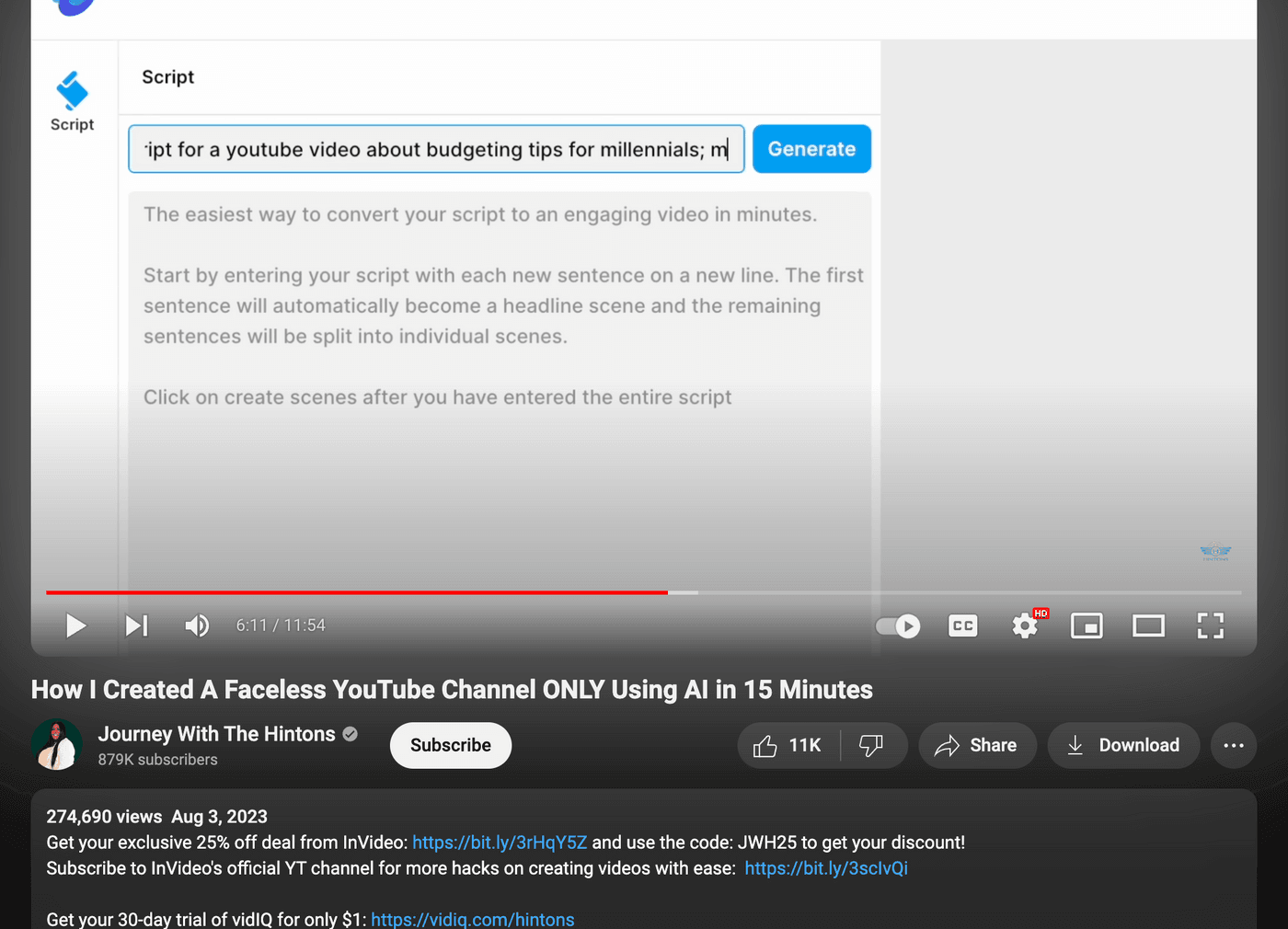 YouTube video shows script tool for budgeting tips with channel details and video creation instructions.