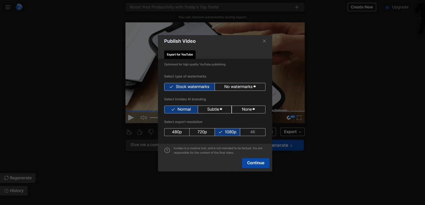 Export video options in Invideo AI tool showing watermark, branding, and resolution settings.