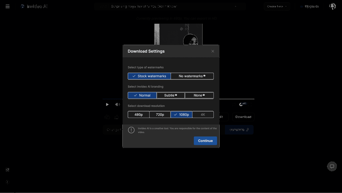 Select watermark, branding, and resolution settings before downloading yoga video in desired format.