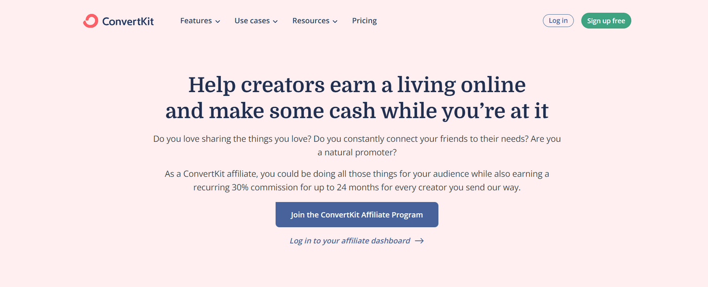 ConvertKit affiliate program page offering 30% recurring commission for promoting creator-friendly tools.