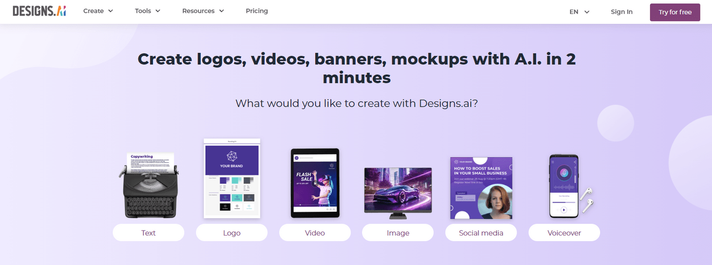 Designs.ai: Create logos, videos, banners, and mockups with AI.