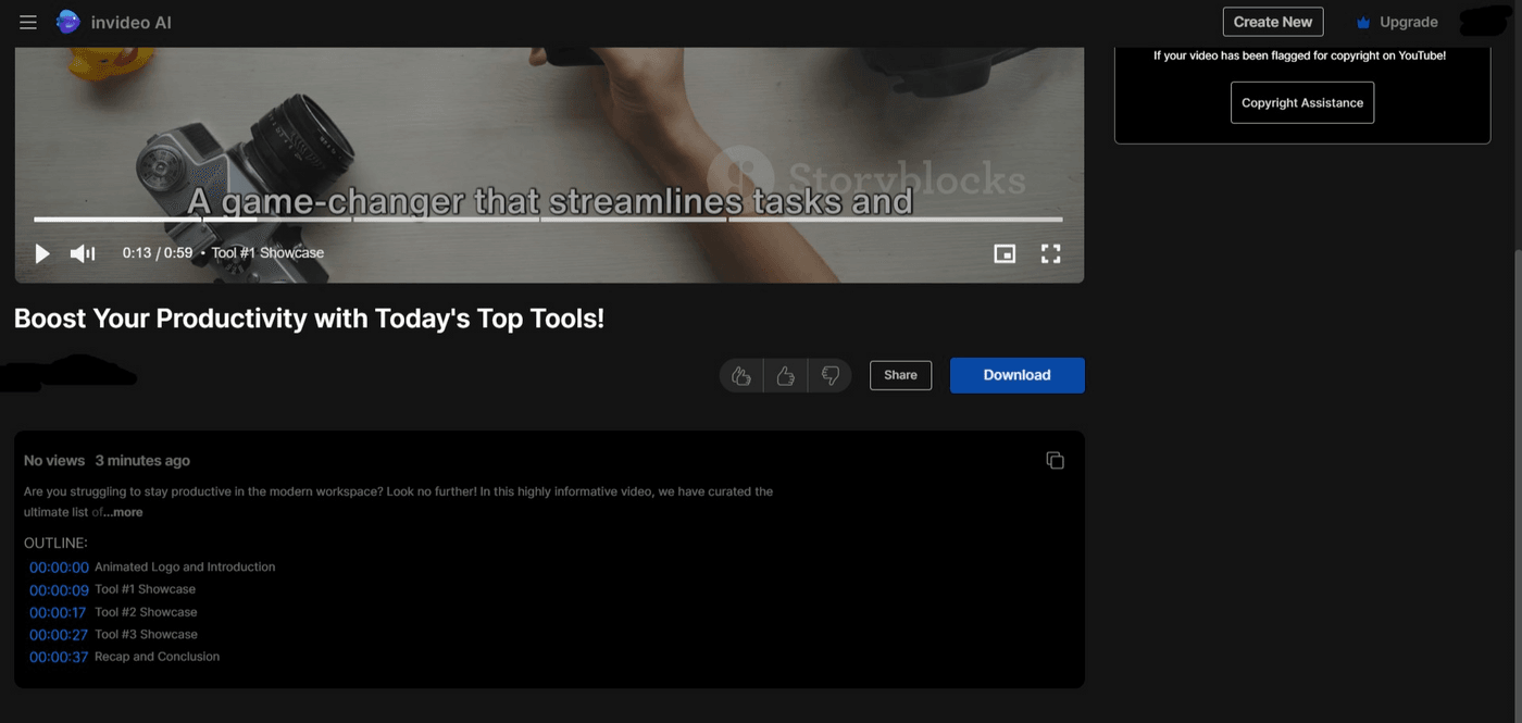 Video preview and productivity tool outline displayed in Invideo AI interface.