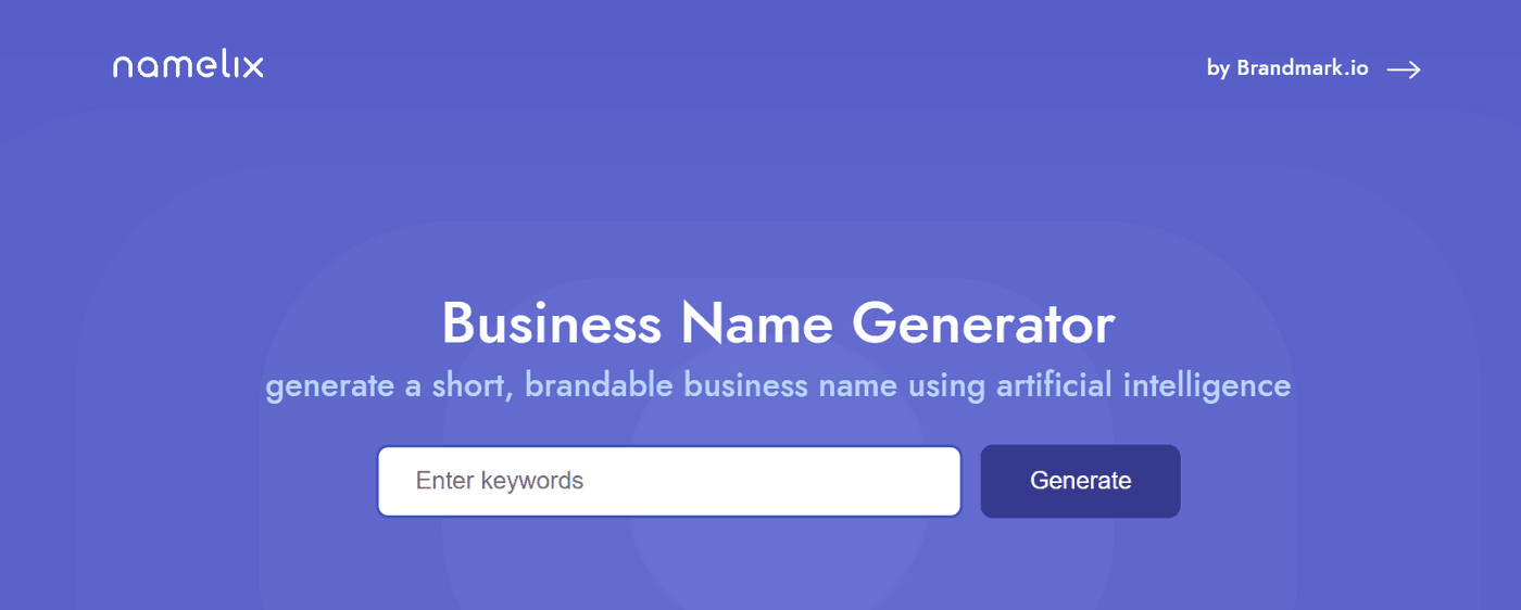 Namelix AI business name generator, enter keywords for brand ideas.