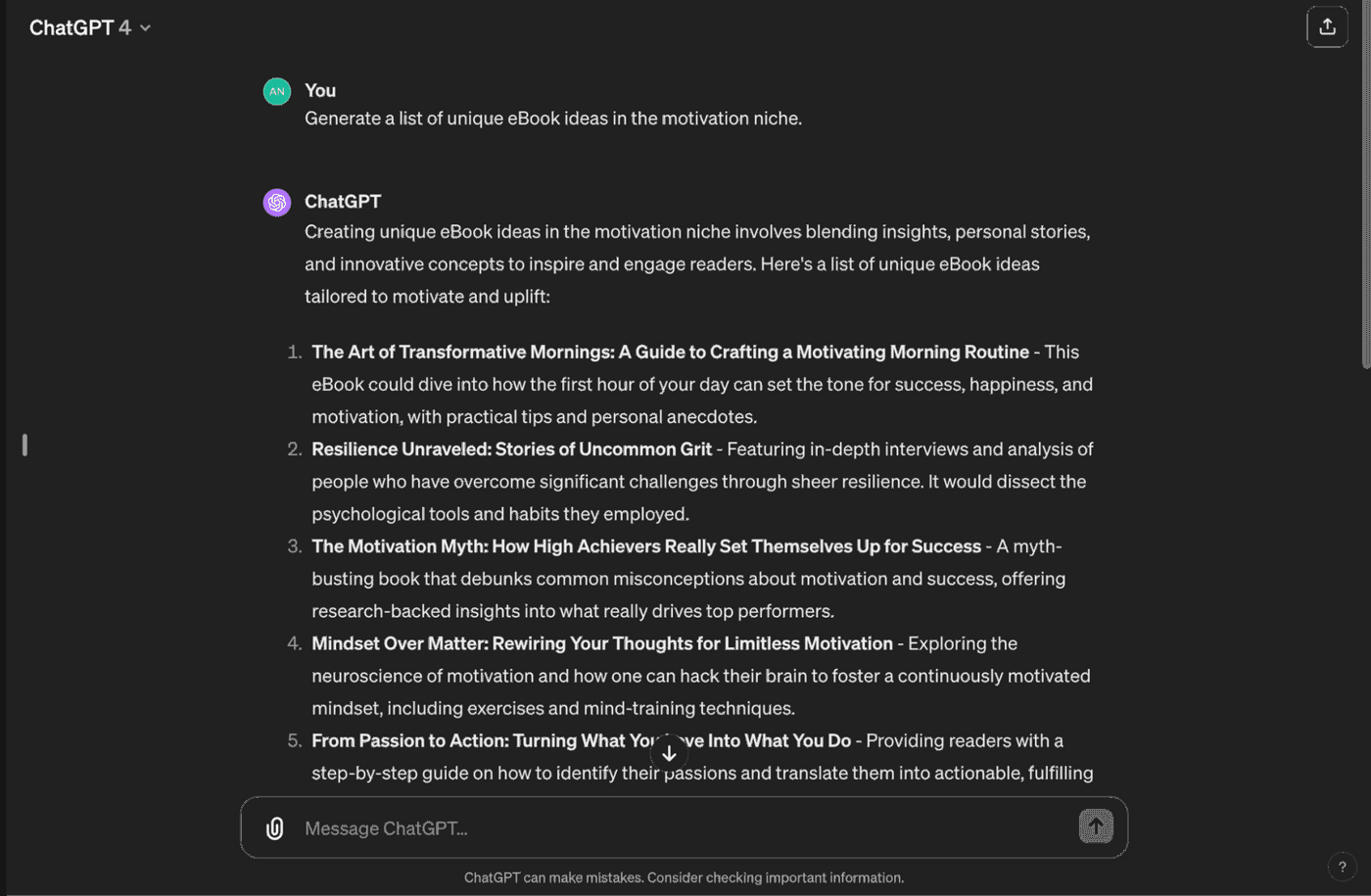 ChatGPT lists motivational eBook ideas: morning routines, resilience, myths, mindset, and actionable passions.