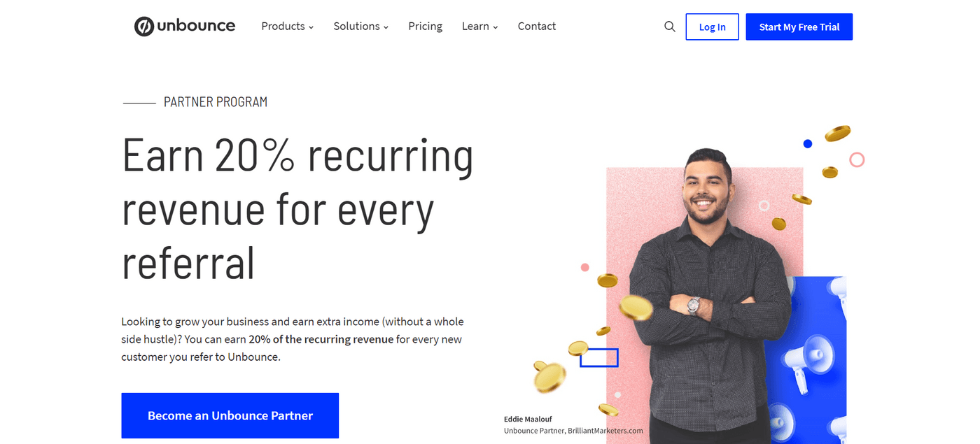 Unbounce partner program offering 20% recurring revenue for each referral, aimed at growing business income.