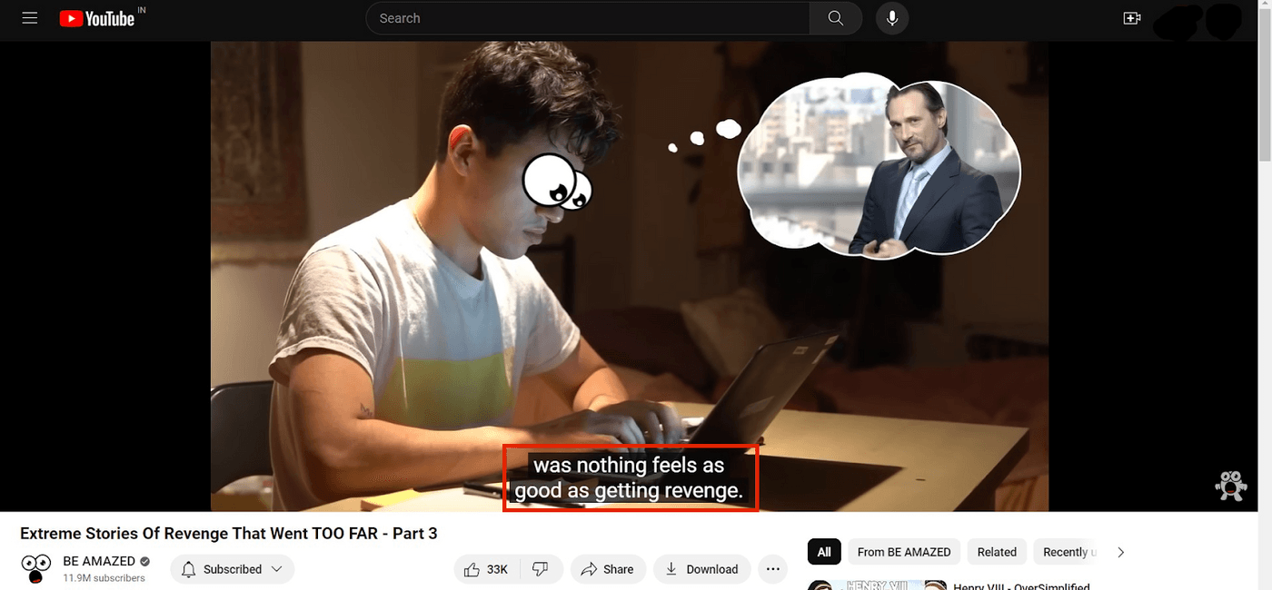 Animated YouTube video showing a man planning revenge on laptop.