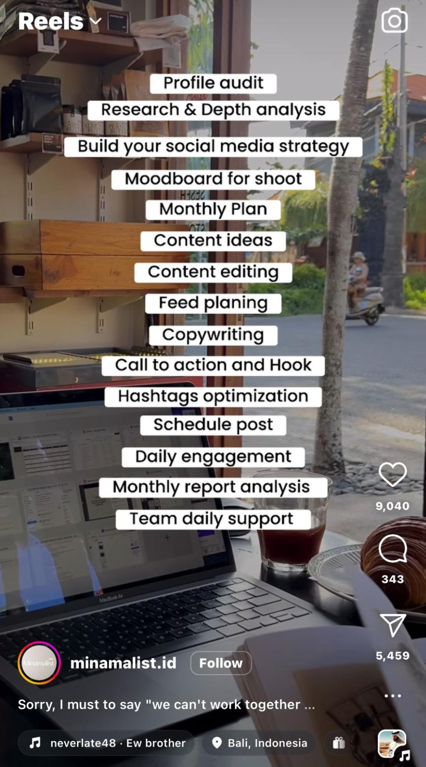 List of social media management tasks including profile audits, strategy building, and engagement.