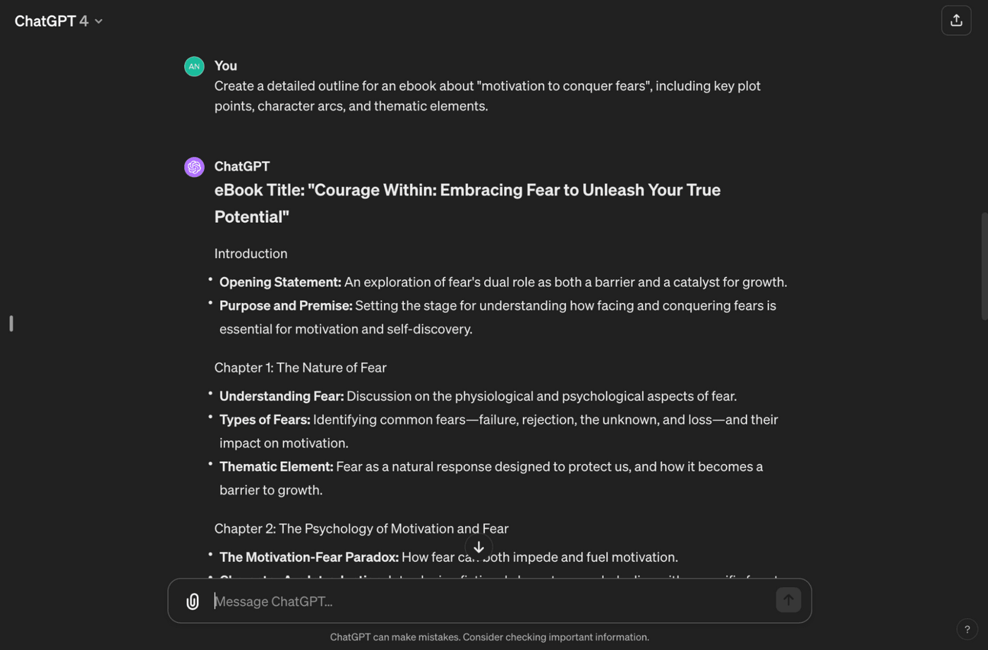 ChatGPT outlines eBook on conquering fears, covering fear’s nature, psychology, motivation, and personal growth.