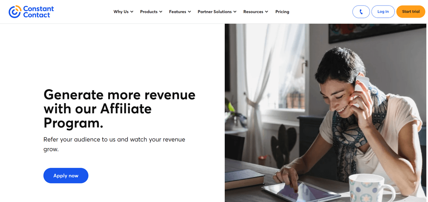 Constant Contact affiliate program page inviting users to refer clients and increase revenue with commissions.