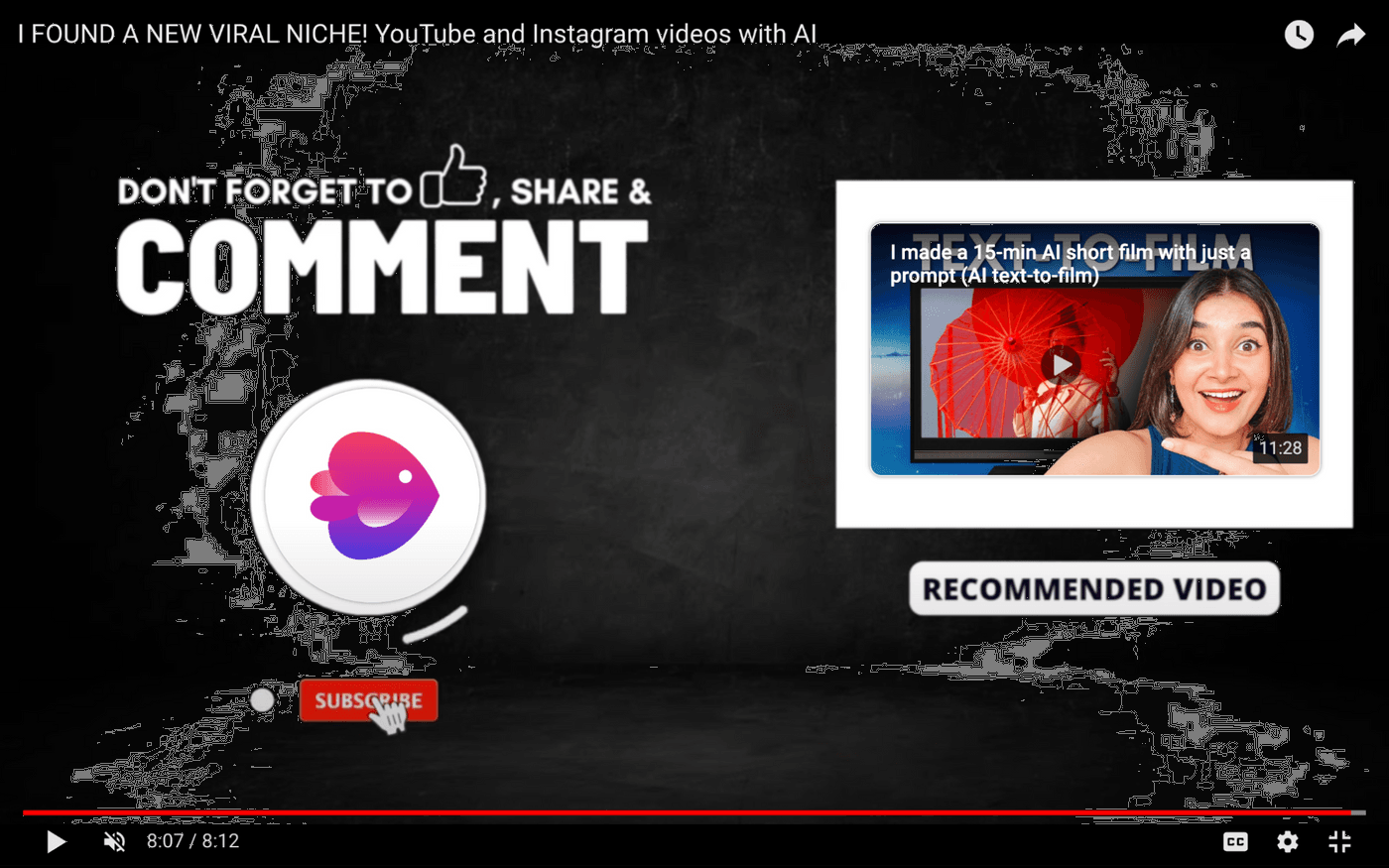 Subscribe, like, share, and comment reminder with recommended AI video thumbnail.