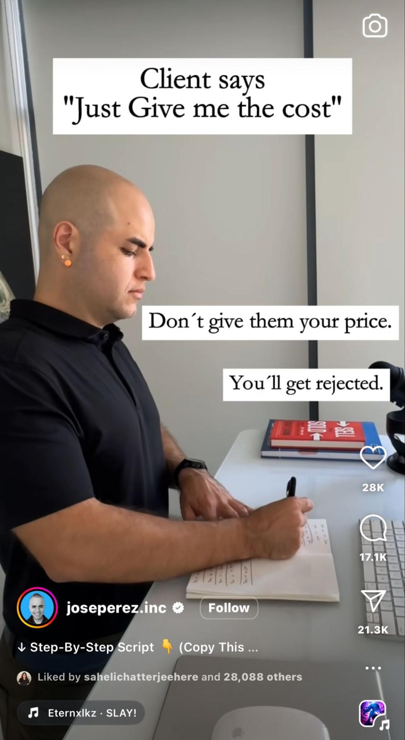 Client asks for cost, advice on pricing strategies, and handling rejection in business.