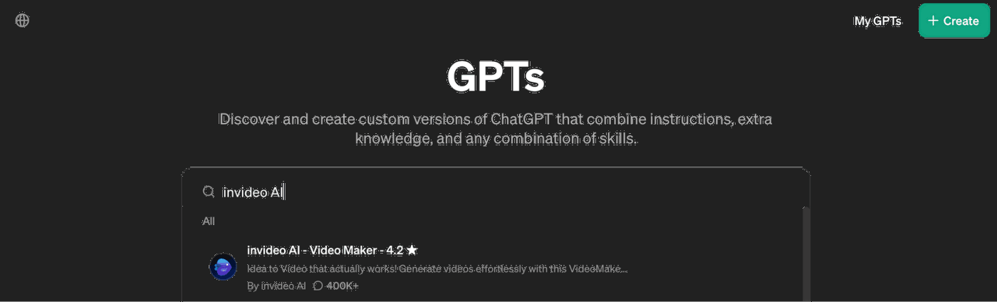 GPTs interface showing a search for 'invideo AI,' highlighting a custom AI video maker tool.
