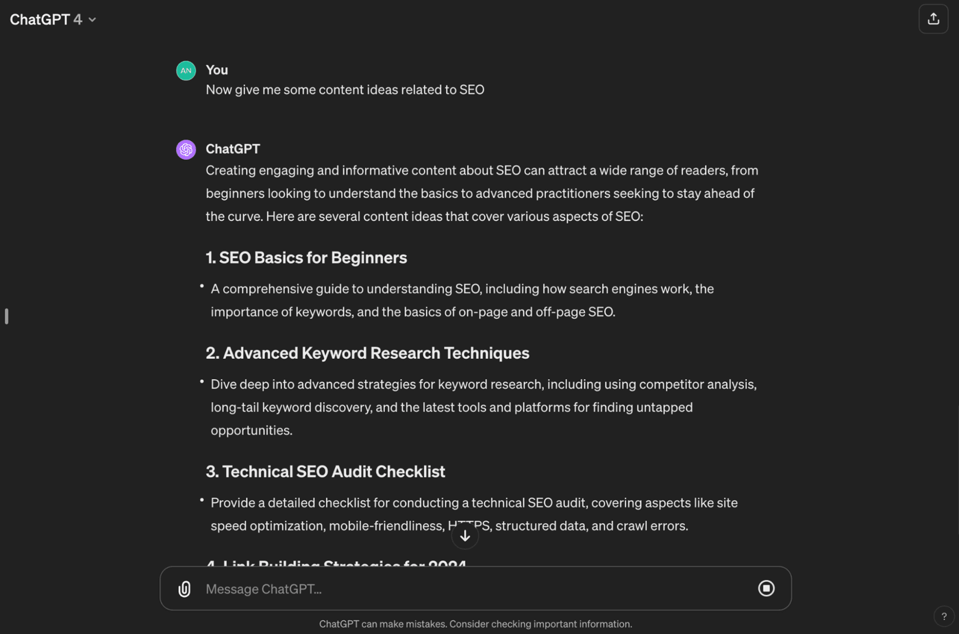 ChatGPT shares SEO content ideas, including basics, advanced keyword research, technical audits, and link strategies.
