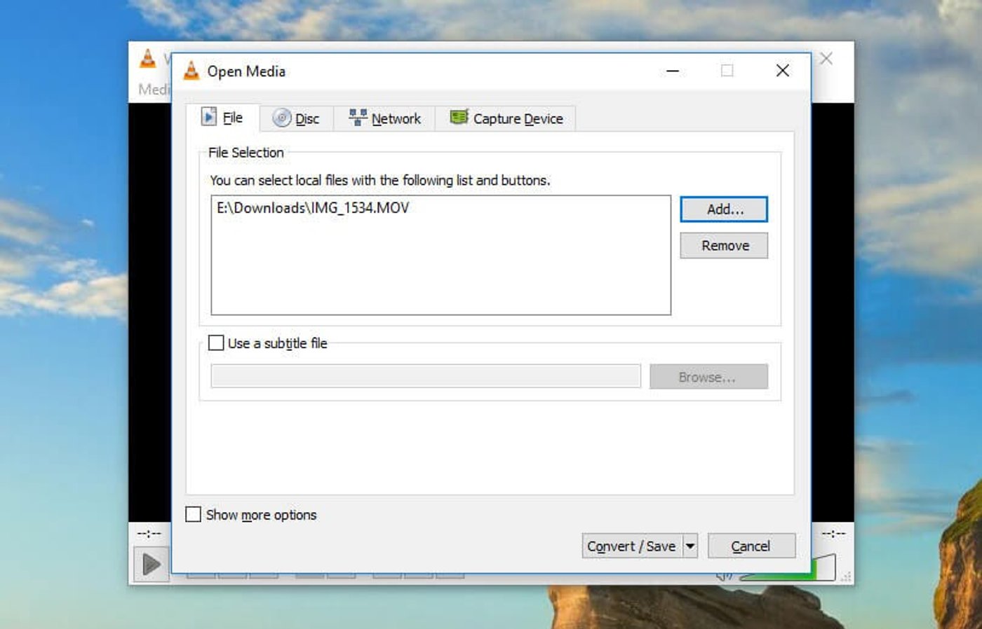 Tela do VLC media player para subir um vídeo