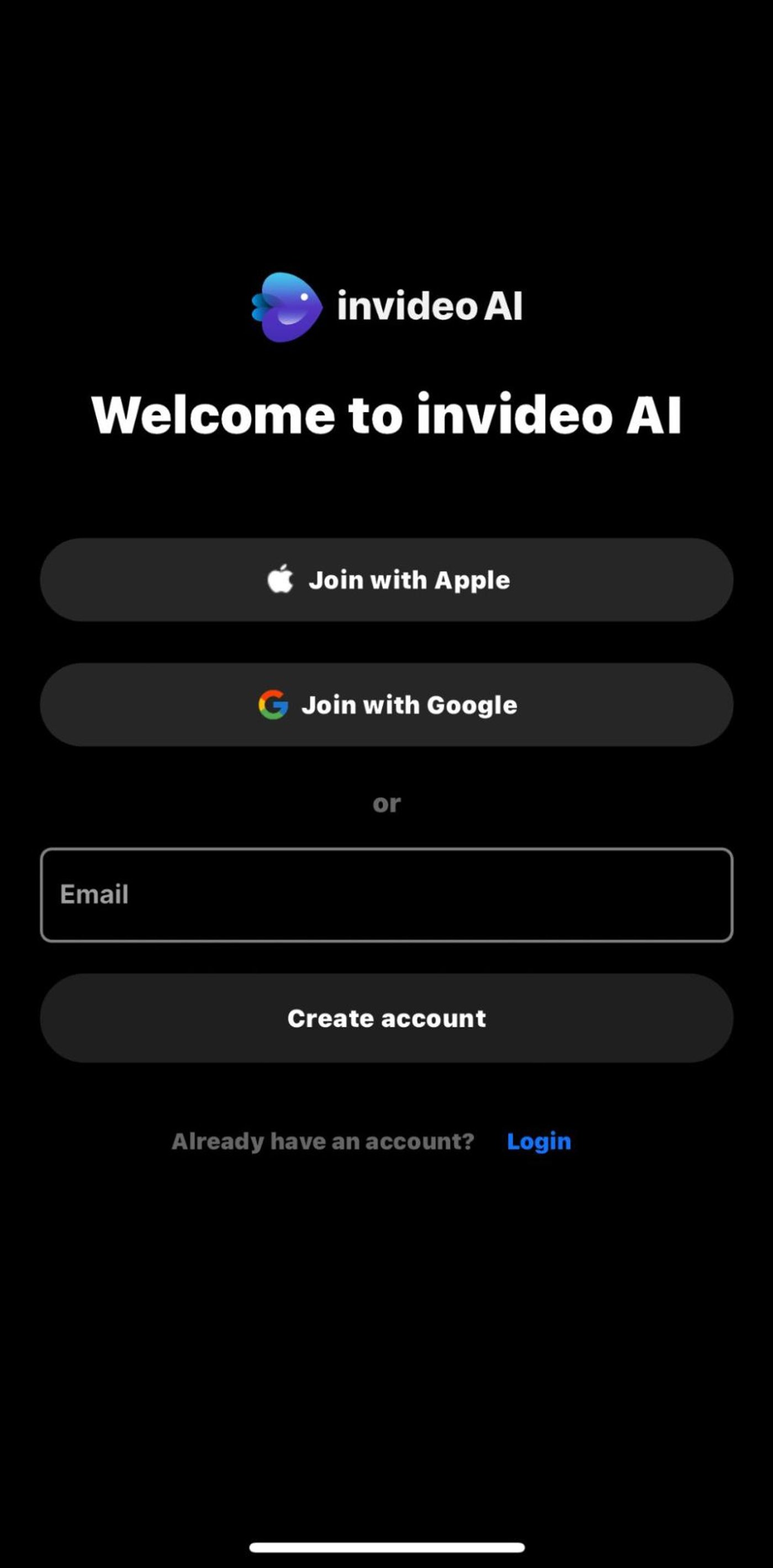 Welcome screen of Invideo AI app with options to sign up using Apple, Google, or email.