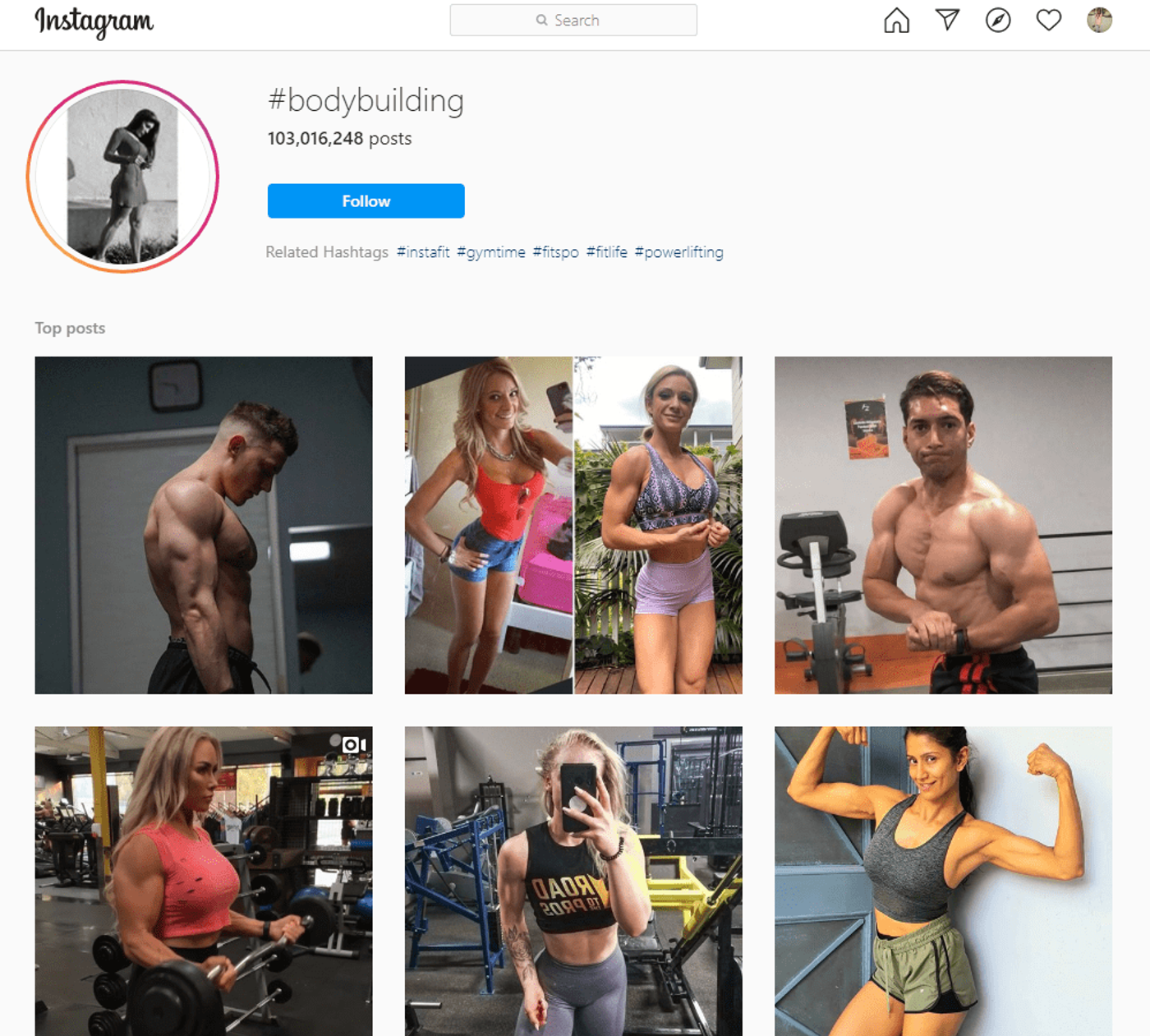 pantalla de instagram con los resultados de la búsqueda del hashtag bodybuilding
