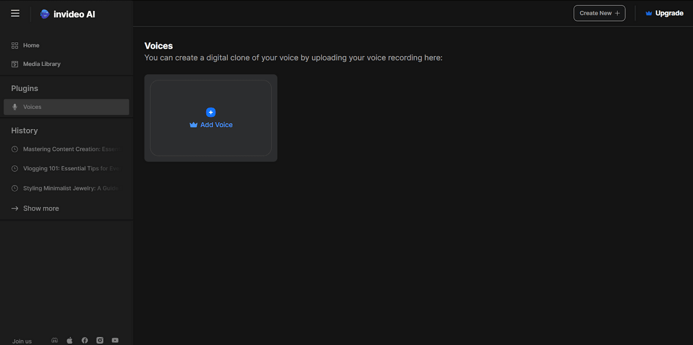 Invideo AI interface showcasing 'Voices' plugin for uploading and creating a digital clone of your voice.