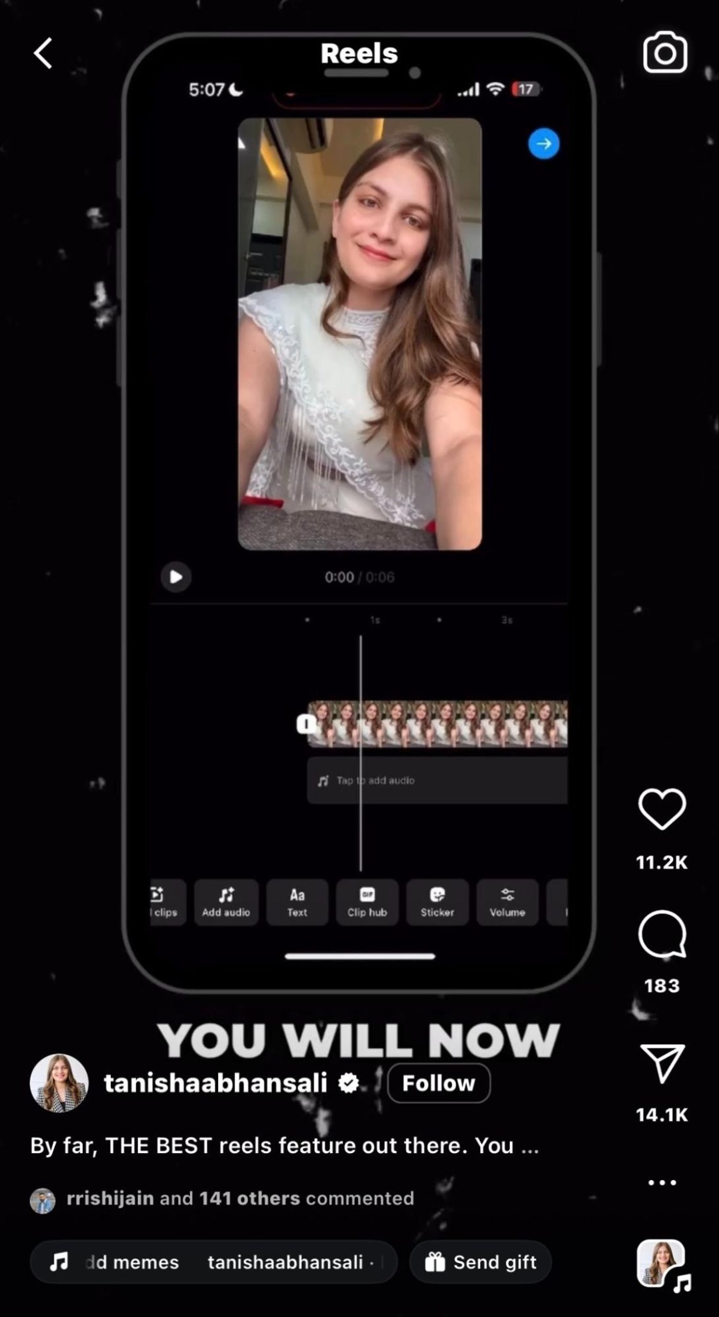 Smartphone screen displaying a video editing app with a woman smiling in the preview.