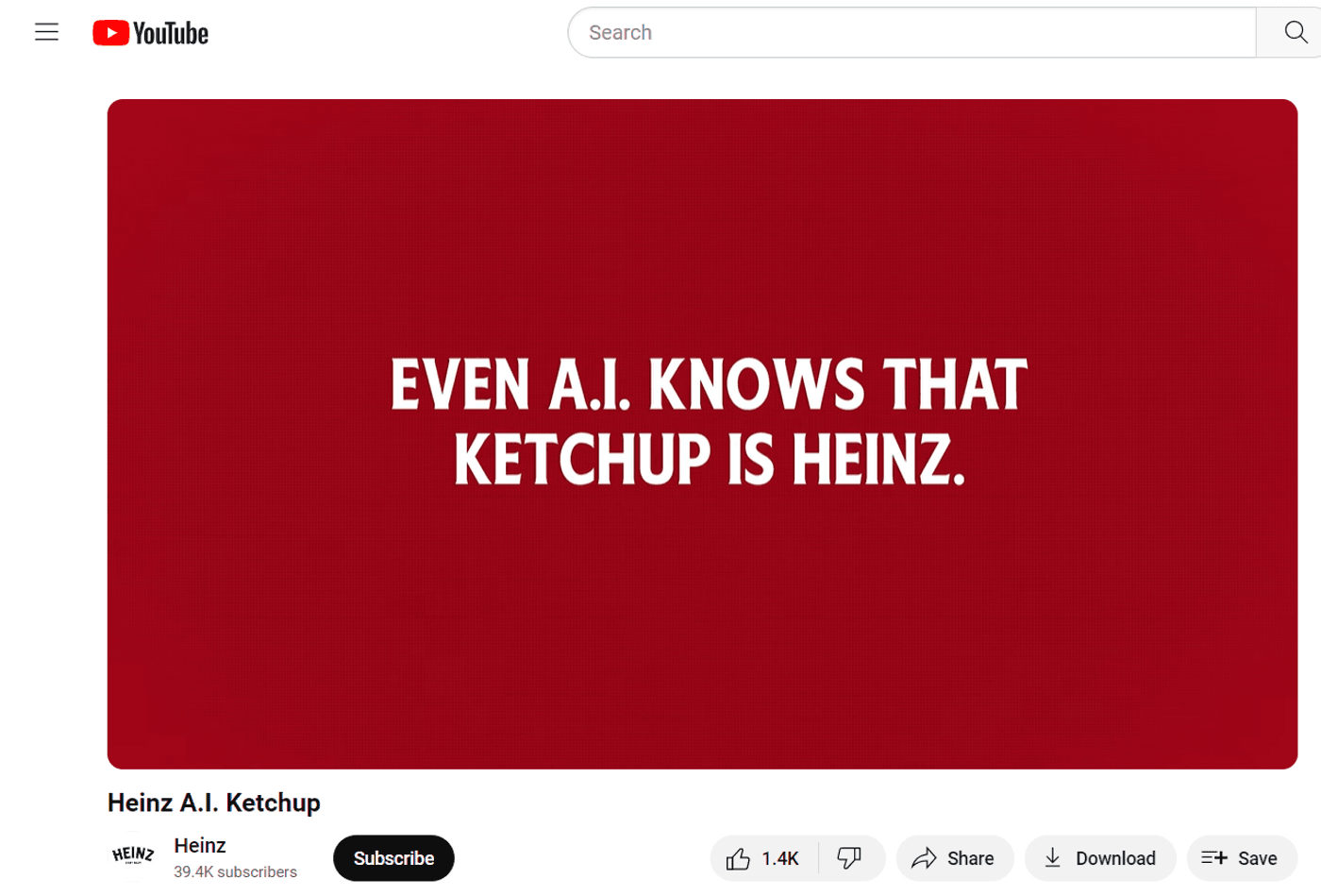 Heinz YouTube video screenshot with the tagline ‘Even A.I. Knows That Ketchup Is Heinz’ on red background.