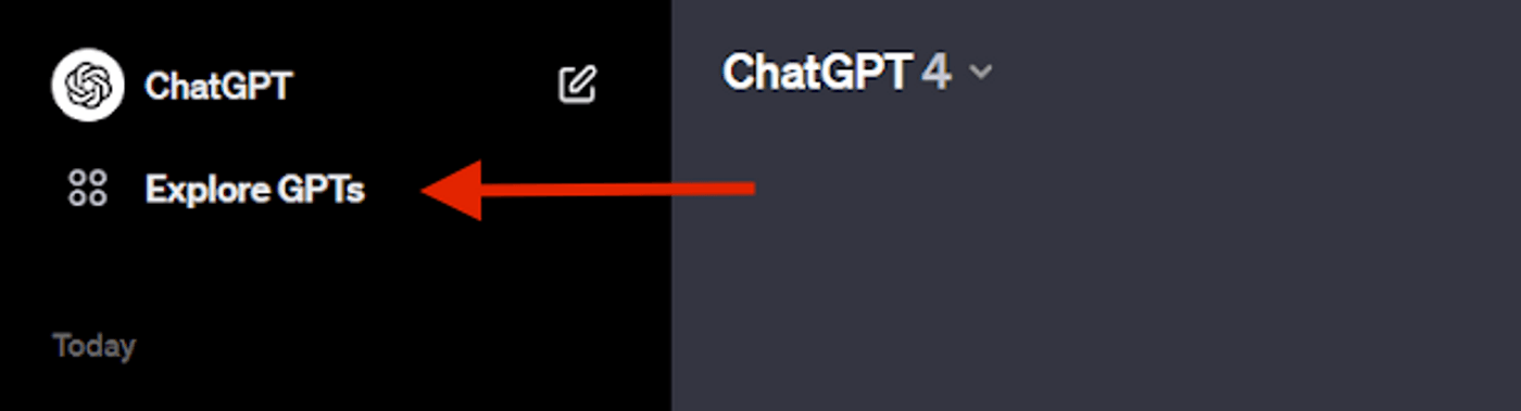 ChatGPT interface highlighting the 'Explore GPTs' option with an arrow pointing towards the feature.