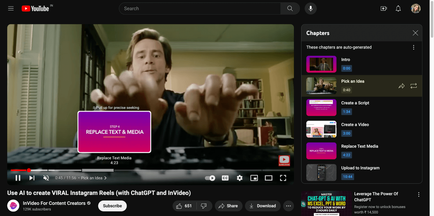 Jim Carrey typing with Invideo video chapter menu on screen.