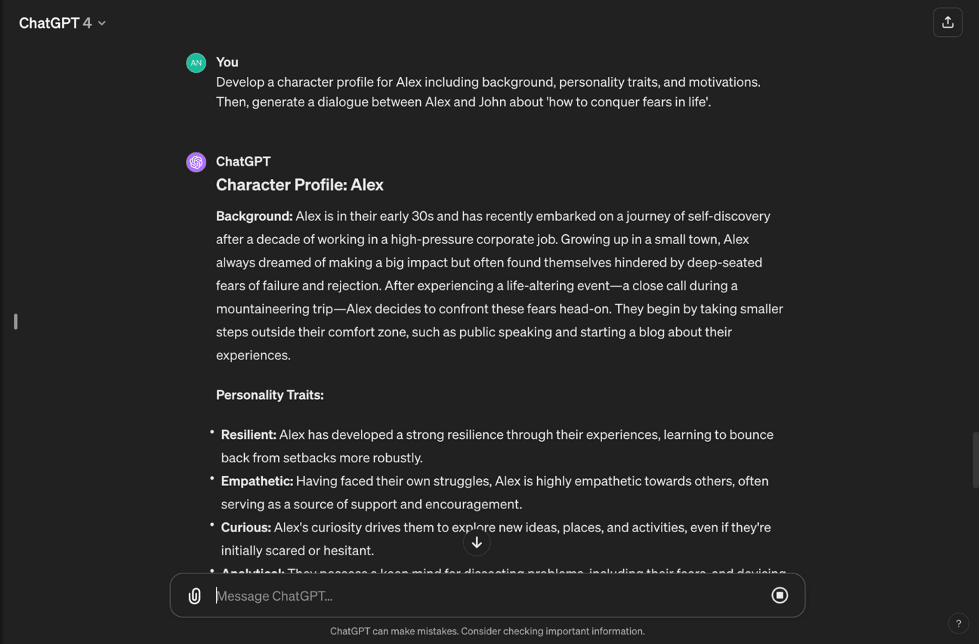 Alex's profile highlights resilience, empathy, curiosity, and dialogue on conquering fears in life.