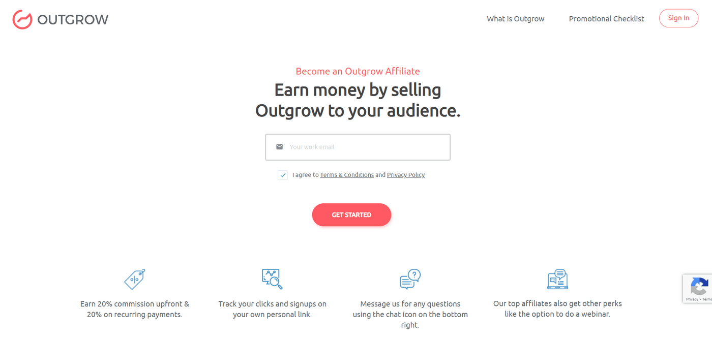 Outgrow affiliate program sign-up page encouraging users to earn commissions by promoting Outgrow to their audience.