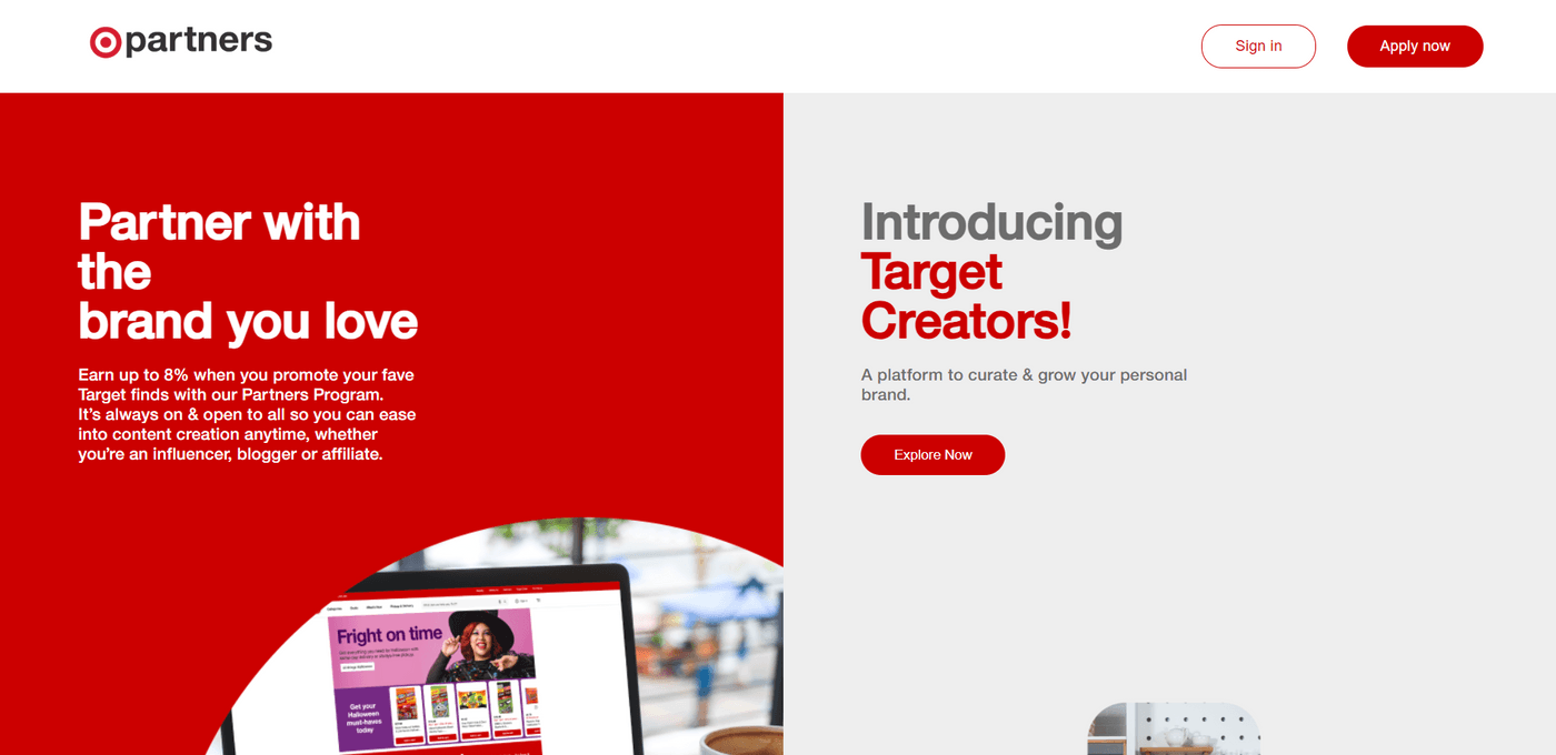 Target Partners program page, offering up to 8% earnings for influencers, bloggers, and affiliates promoting products.