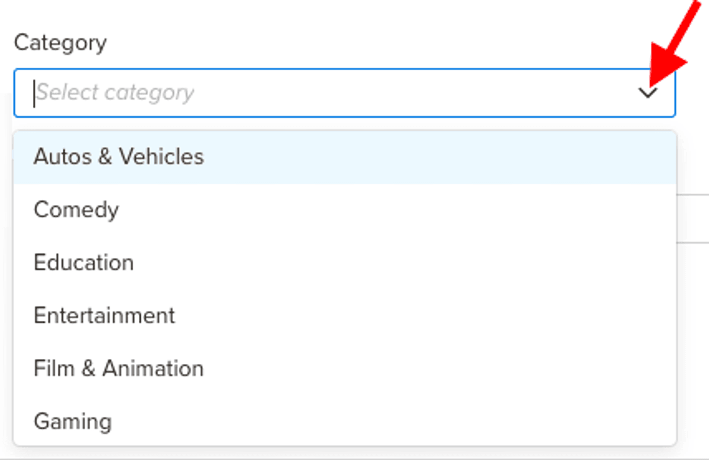 Dropdown menu showing video categories like Autos, Comedy, Education.