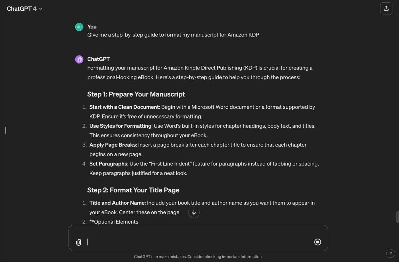 ChatGPT outlines a step-by-step guide for formatting a manuscript for Amazon Kindle Direct Publishing.