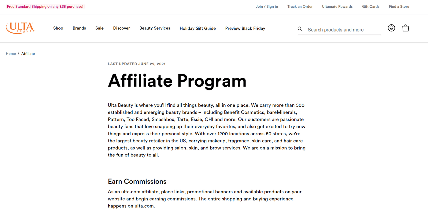 Ulta Beauty Affiliate Program page, offering commissions for promoting top beauty brands and products online.