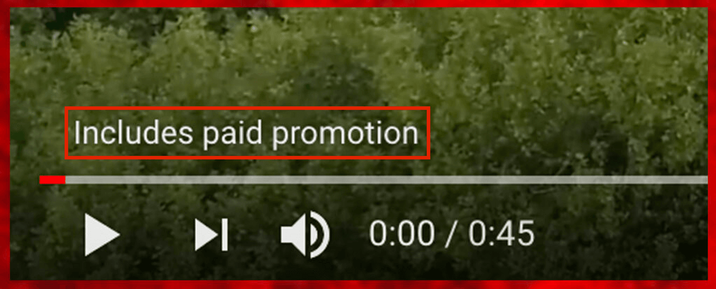 Video player displaying message: 'Includes paid promotion' at start.