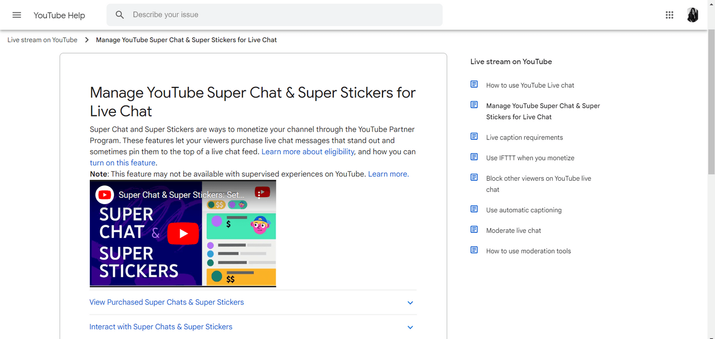 YouTube help Page explaining how to manage YouTube Super Chat and Stickers.