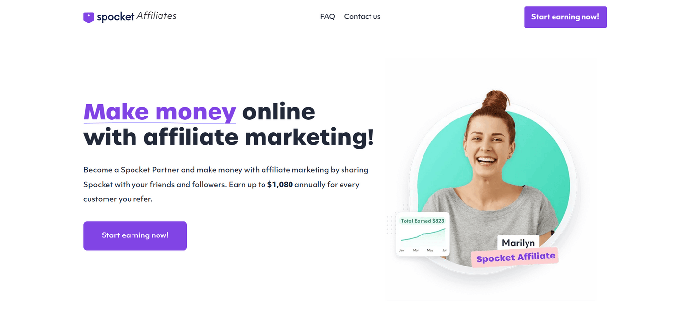 Spocket affiliate program promotion, showing earning potential of up to $1,080 per year with a smiling affiliate.