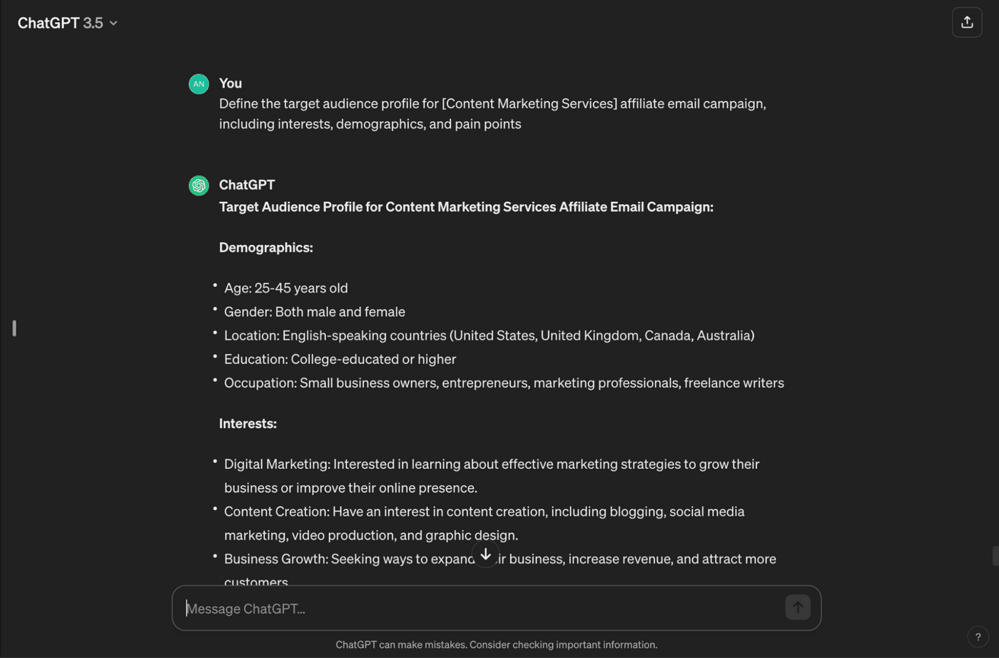 Target audience for content marketing services: ages 25–45, entrepreneurs, marketers, interests in growth, and creation.