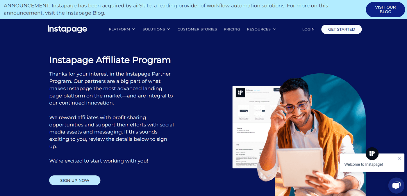 Instapage Affiliate Program details with a smiling man using a tablet, highlighting partner benefits and sign-up option.