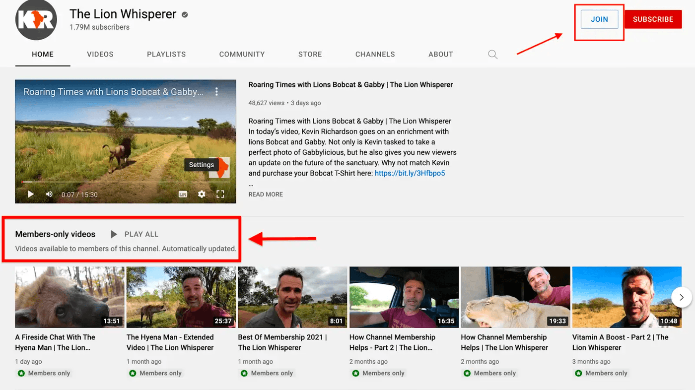 The Lion Whisperer channel page with 'Join' button and members-only videos.