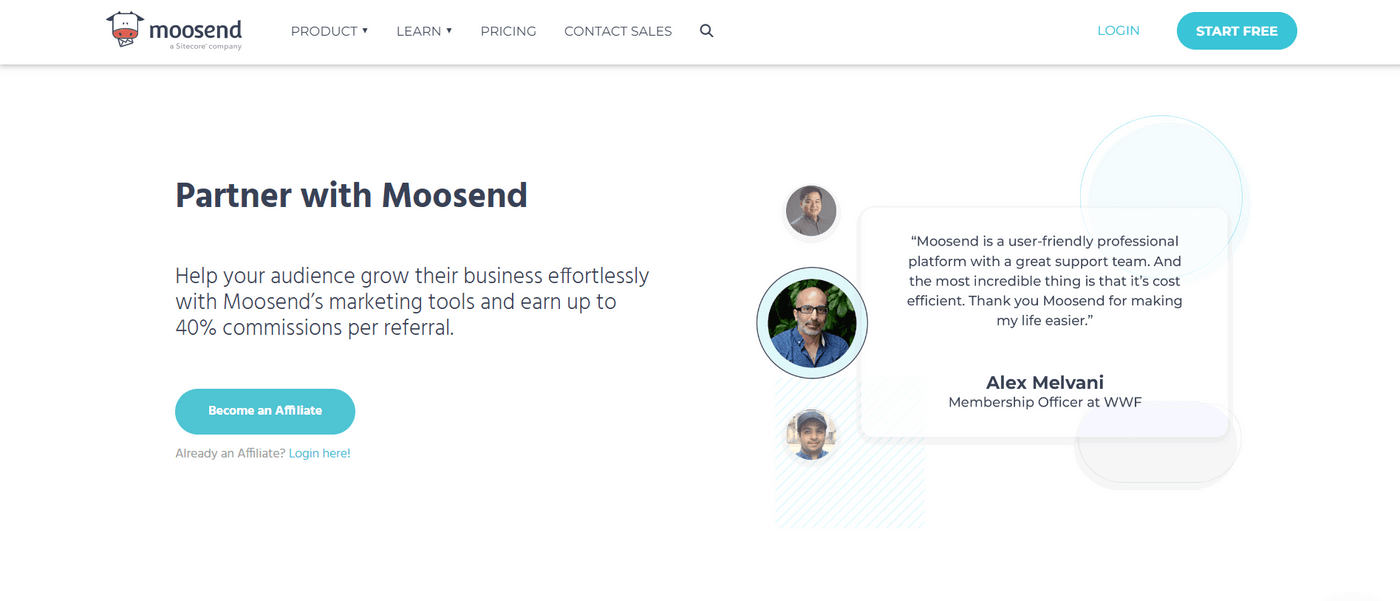 Moosend affiliate program page offering up to 40% commissions with testimonial from Alex Melvani, WWF officer.