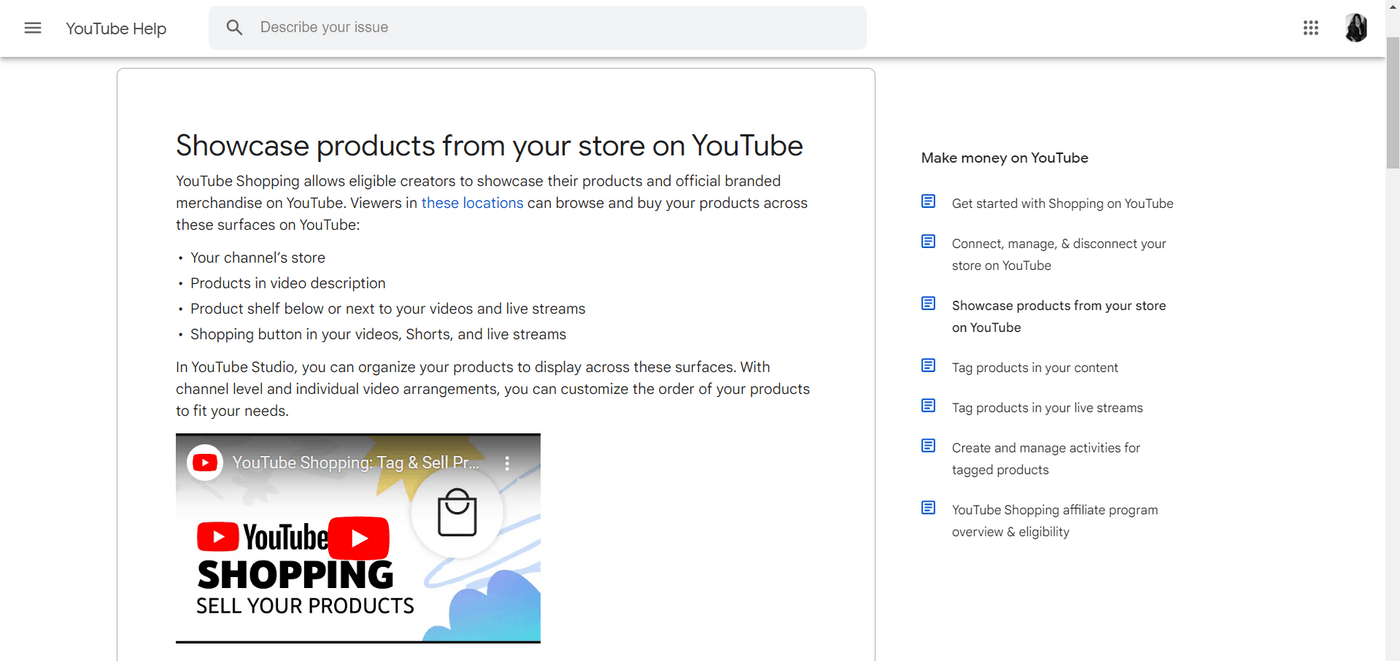 YouTube Help page describing how to showcase products from store on YouTube for monetization.