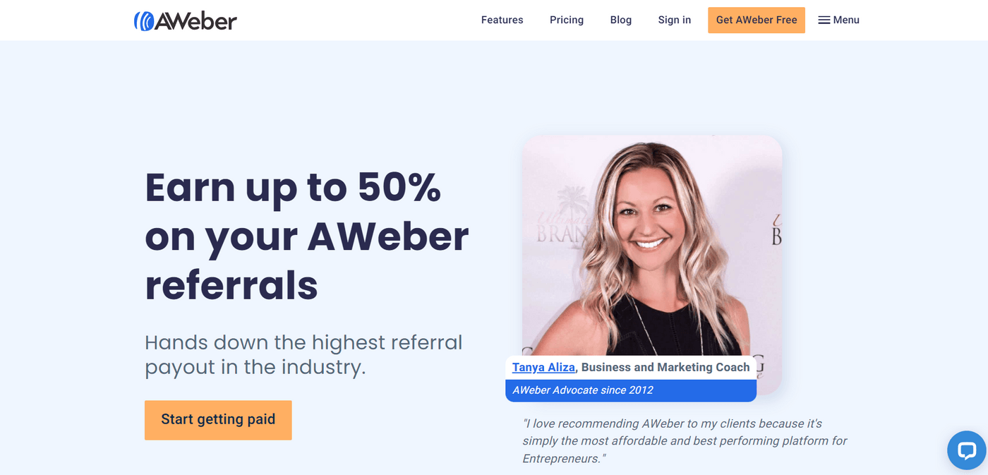 AWeber affiliate program offering up to 50% commission with testimonial from Tanya Aliza, business and marketing coach.