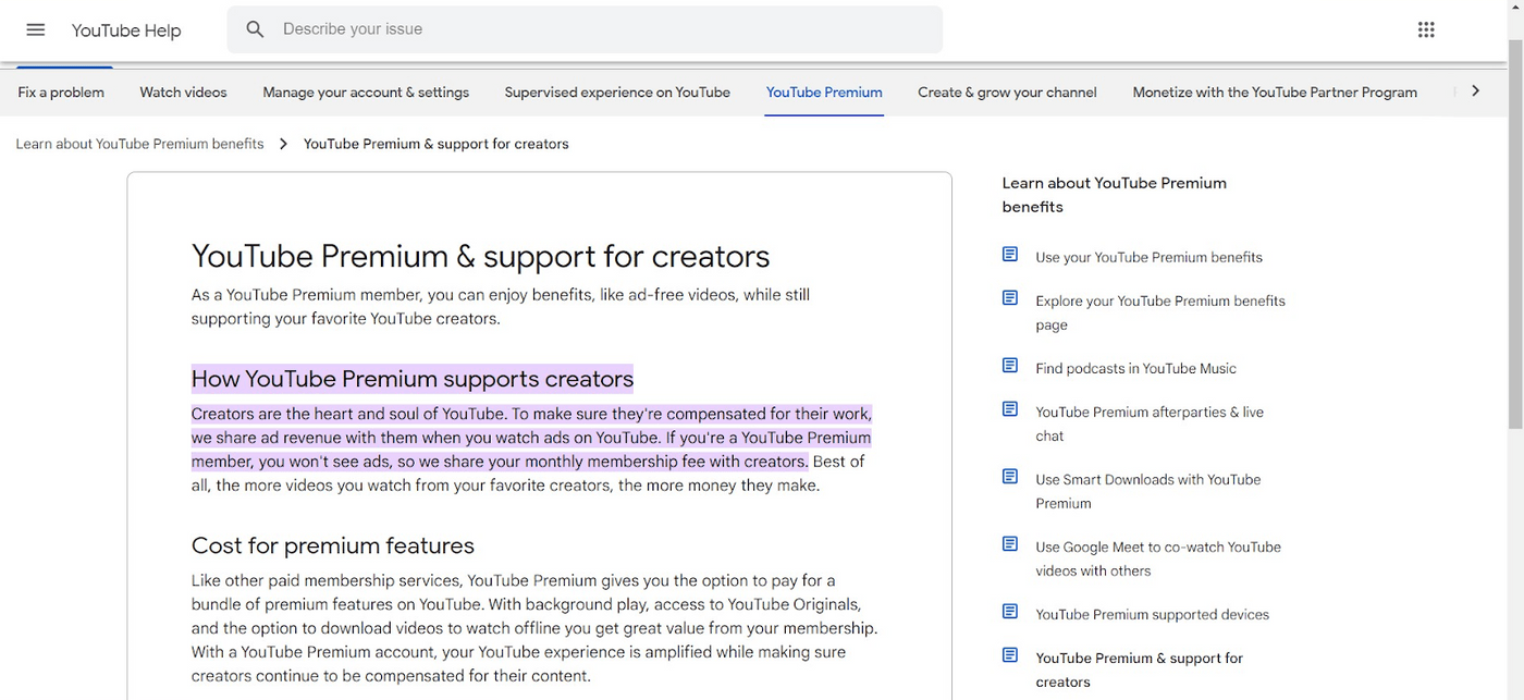 YouTube Help page explaining how YouTube Premium supports creators and shares ad revenue.