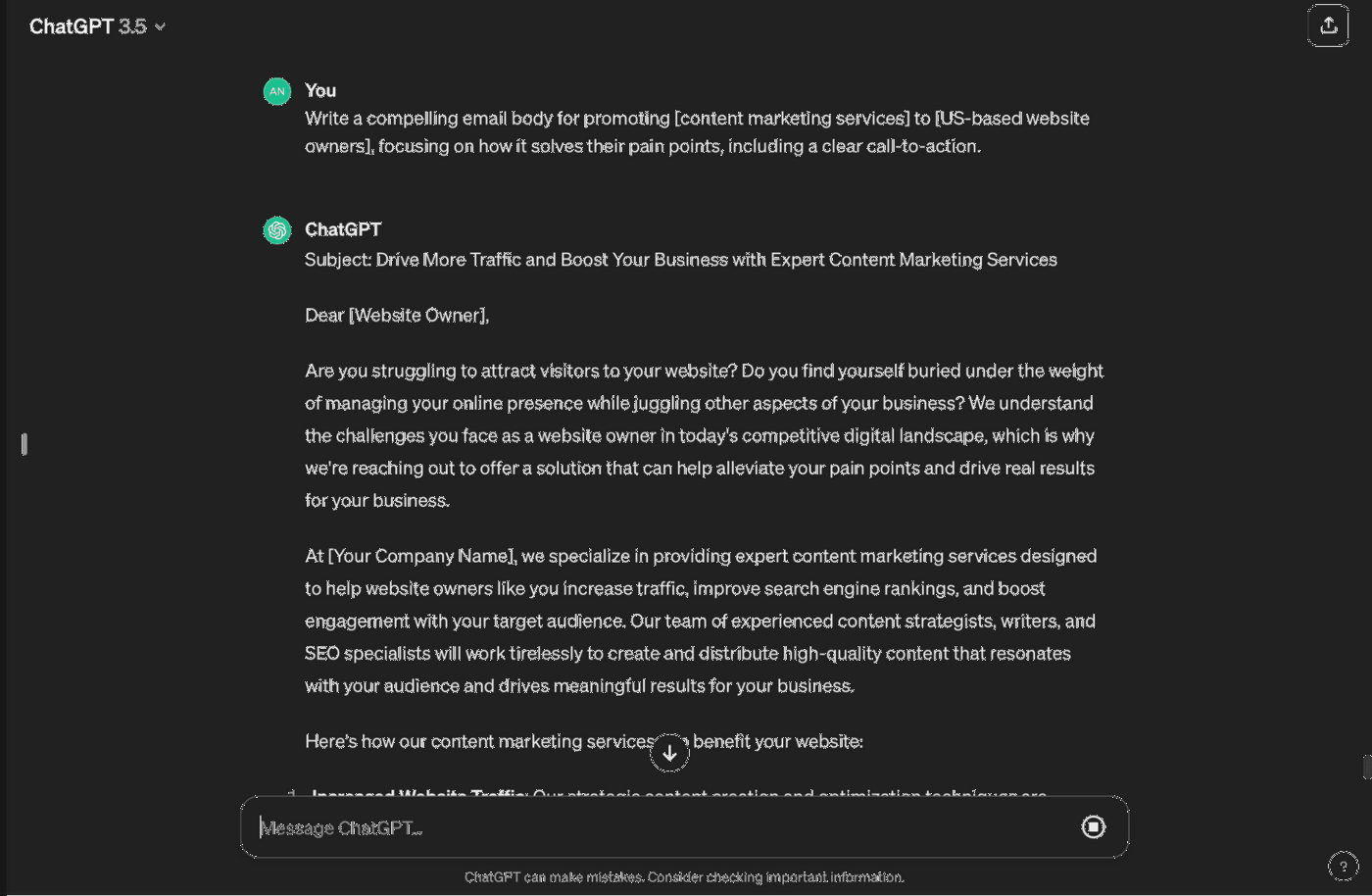 Email outlines content marketing services benefits for website owners, focusing on traffic, SEO, and engagement.