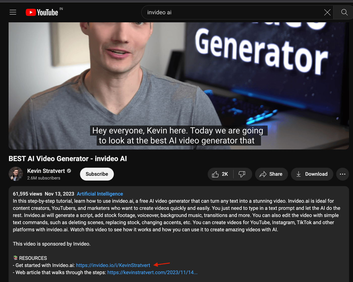 Kevin Stratvert discusses Invideo AI video generator on YouTube, showcasing features and resource links.